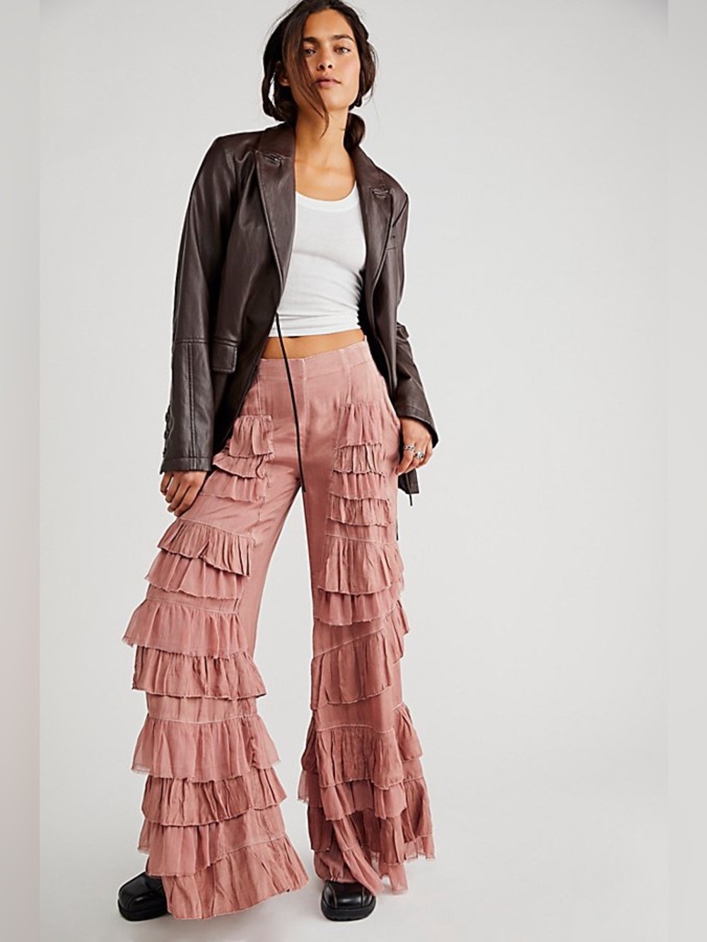 Free People Rock & Frill Trousers Mauve Pink Large Ruffle Tiered